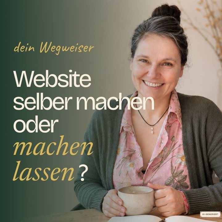 Dr. Norma Burow mit einer Tasse am Tisch, dazu die Frage: Website selber machen oder machen lassen?